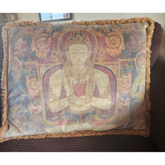 Vintage Buddhist Tapestry Throw Pillow With Fringe Trim 25" x 20" - Picture 1 of 3